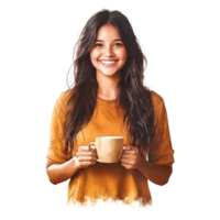 Joyful woman holding coffee mug with radiant smile indoors png