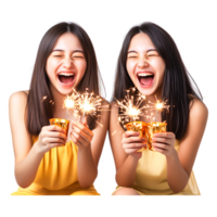 Joyful Celebration with Sparkler Lights and Laughter of Two Friends png