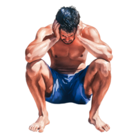 Man in Blue Shorts Sitting with Hands on Head in Distress png