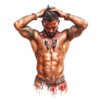 Confident man with tribal body art and strong physique in studio png
