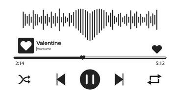 Music player interface design with heart-shaped waves, including control buttons, progress bar, and heart icon. Ideal for love themes and Valentine's Day. vector