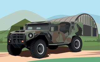 military army armored command vehicle in spotted green camouflage against the background of a military base and hangar vector
