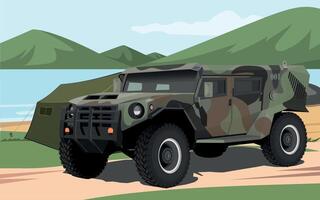 military army armored command vehicle in spotted green camouflage against the background of a military base on the river bank vector