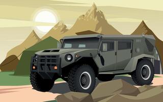 army armored command vehicle in green khaki color against the background of a military base in the mountains vector
