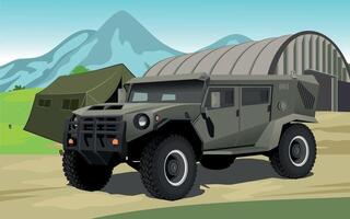 military army armored command vehicle in green khaki color against the background of a military base and hangar vector