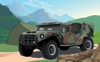military army armored command vehicle in spotted green camouflage against the background of a military base in the mountains vector