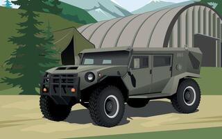 military army armored command vehicle in green khaki color against the background of a military base and forest vector