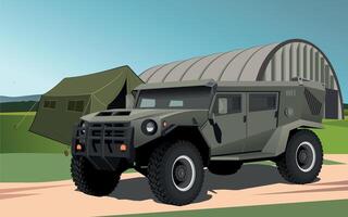 military army armored command vehicle in green camouflage khaki against the background of a military hangar vector