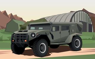 army armored command vehicle in green camouflage khaki against the background of a military hangar vector