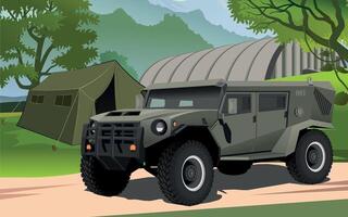 military army armored command vehicle in green khaki color against the background of a military forest base and hangar vector