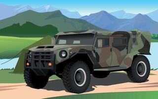 army armored command vehicle in spotted green camouflage against the background of a military base in the mountains vector