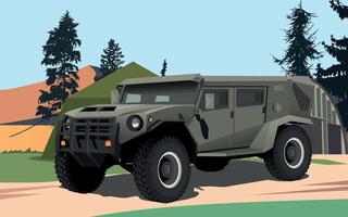 military army armored command vehicle in green khaki color against the background of a military base in the mountains vector