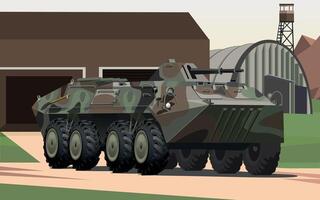 army armored personnel carrier in green camouflage khaki against the background of a military hangar vector