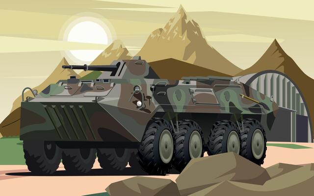 army armored personnel carrier in spotted green camouflage against the background of a military base in the mountains