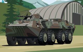 military army armored personnel carrier in spotted camouflage against the background of a military base and hangar vector