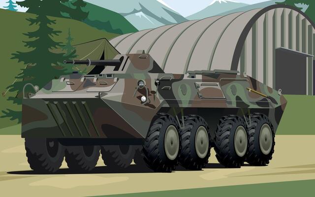 military army armored personnel carrier in spotted camouflage against the background of a military base and hangar