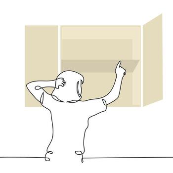 woman reaching for empty shelf and scratching head - one line art . concept empty shelves, out of stock vector