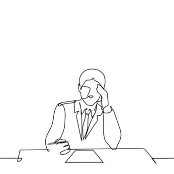 hombre en negocio traje sentado a mesa en frente de papel participación bolígrafo y secundario frente con otro mano - uno línea Arte vector