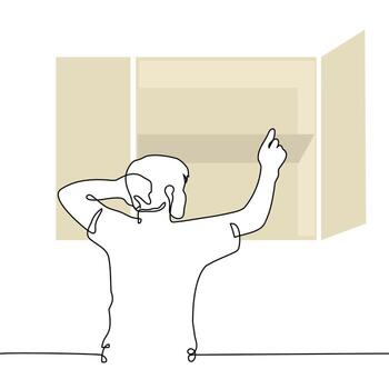 man reaching for empty shelf and scratching his head - one line art . concept empty shelves, out of stock vector