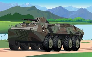 army armored personnel carrier in spotted green camouflage against the background of a military base on the river bank vector