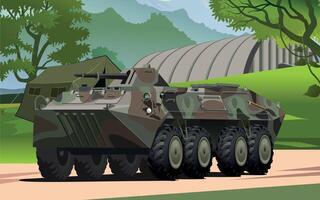 military army armored personnel carrier in spotted green camouflage against the background of a military base and forest vector