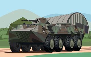 army armored personnel carrier in spotted green camouflage against the background of a military base and hangar vector