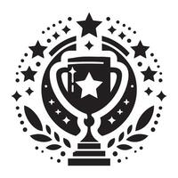 A simple, elegant black and white graphic of a trophy with a star, surrounded by laurel wreath and radiating light effects. vector