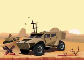 military army armored command vehicle in khaki sand camouflage against desert vector