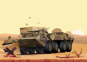 army armored personnel carrier in khaki sand camouflage against the background of desert and sand vector