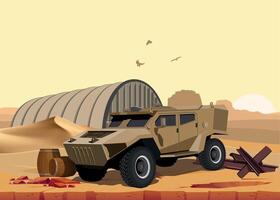 military army armored command vehicle in khaki sand camouflage against desert and hangar background vector