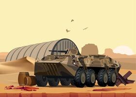 military army armored personnel carrier in khaki sand camouflage against the background of desert and sand vector