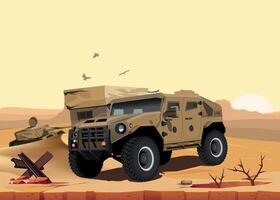 military armored command vehicle in khaki sand camouflage against desert and sand background vector