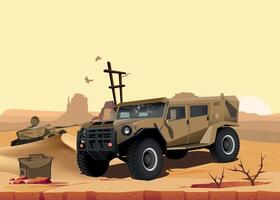 military army armored command vehicle in khaki sand camouflage against sand background vector