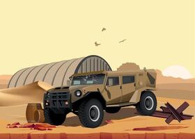military army armored command vehicle in khaki sand camouflage against desert and hangar vector