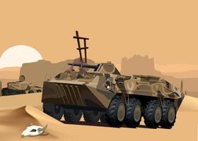 military army armored personnel carrier in khaki sand camouflage against the background of desert and mountains vector