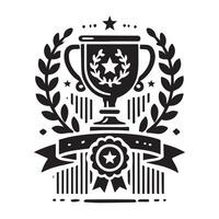 A simple, black and white graphic of a trophy on a pedestal, surrounded by stars and a circular emblem. vector