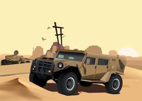 military army armored command vehicle in khaki sand camouflage against desert and sand background vector