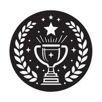 A bold, black and white graphic design featuring a trophy with a stylized flower design, surrounded by laurel wreath and radiating lines. vector