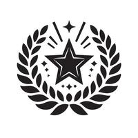 A graphic design featuring a circular emblem with a stylized trophy and laurel wreath. vector