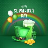 st. patrick's day social media banner design with balloon, hat, drink, shamrock and golden coins on patterned deep green background vector