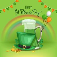 st. patrick's day square banner design with hat, drinks and golden coins on light green background for social media post vector