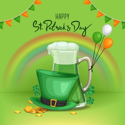 st. patrick's day square banner design with hat, drinks and golden coins on light green background for social media post