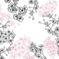 Cherry Blossoms line art, hand drawn illustration on white background template. Pink and black outline flowers with place for text in the middle. This illustration is easy to edit and ready to use. vector