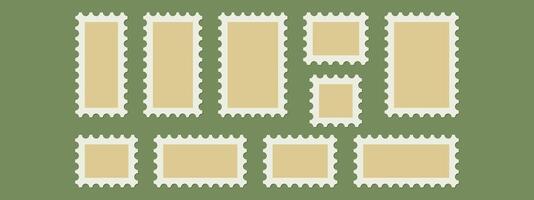 Postage stamp blank templates set. illustration old mail patterns isolated on green background. Jagged wavy edge forms. Paper postmarks kit. Postal shapes border. Frames for letter. vector
