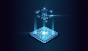 Artifical intelligence technology concept on Brightly glowing AI chip with light circuit board on technology . Computer microchip, and Binary code in digital brain form compose. vector