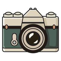 A detailed drawing of a classic camera, featuring a vintage-inspired design with a prominent lens, buttons, and textured body. vector