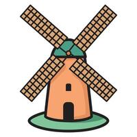 A detailed drawing of a retro windmill, showcasing a classic design with rotating blades and a sturdy base. vector