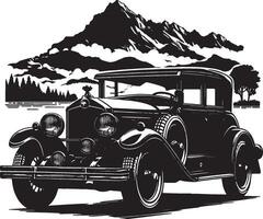 An old car is parked in front of mountains and trees vector