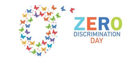 Zero Discrimination Day celebration with colorful butterflies forming a ribbon, symbolizing equality, diversity, and inclusion. vector