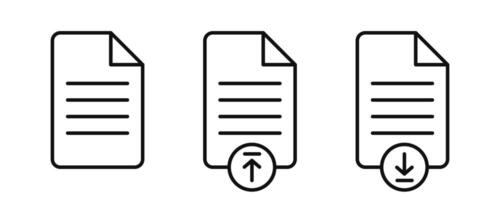 Document icon set with arrows pointing down and up represent download and upload document. Editable stroke vector